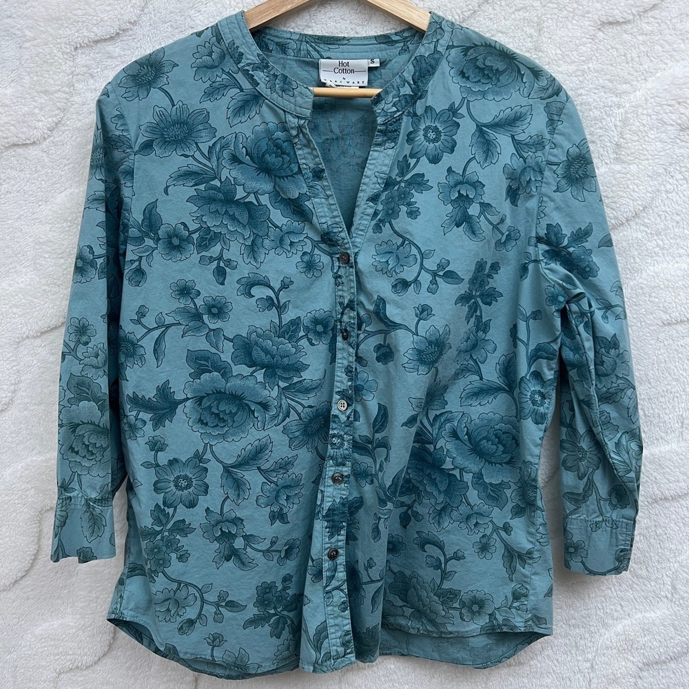 Hot Cotton by Marc Ware Shirt Blue Cottagecore Floral Band Collar Button Up S